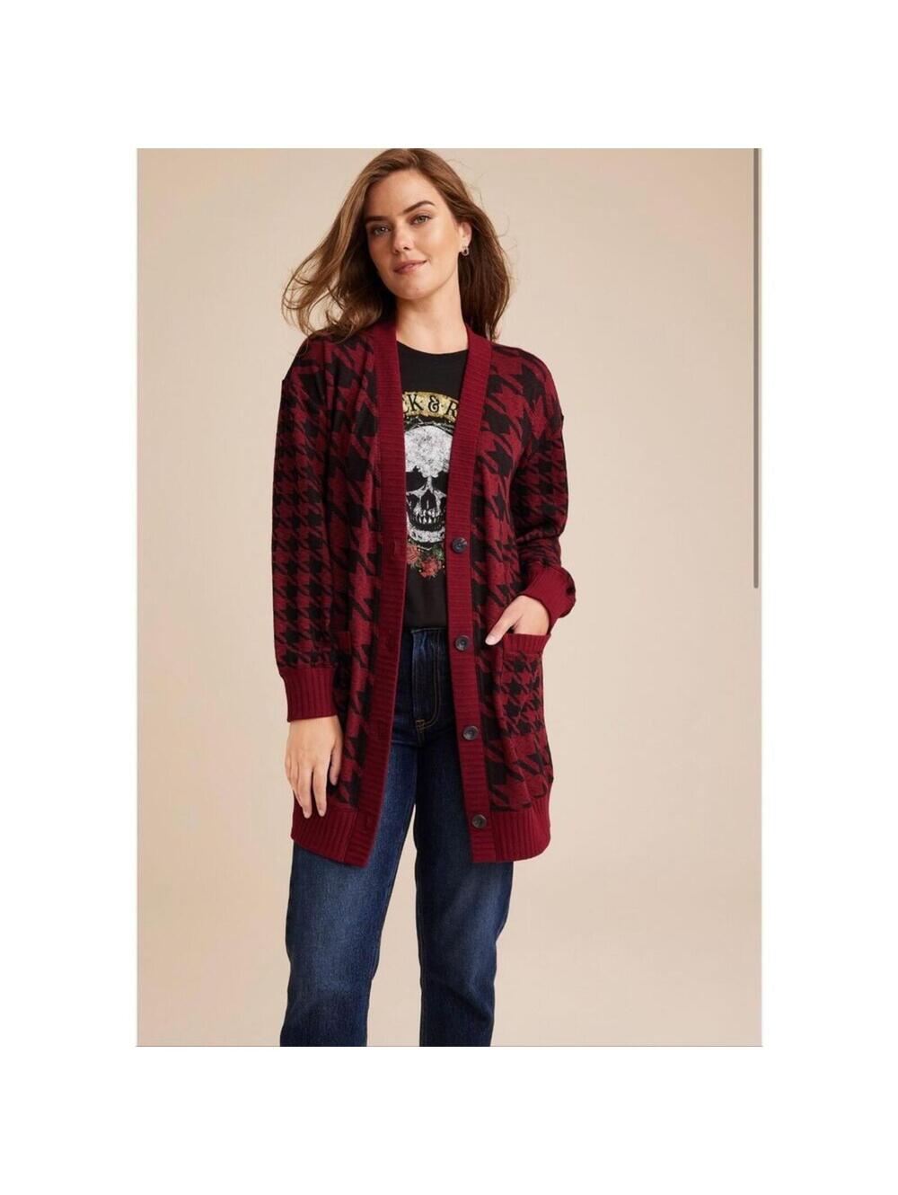 Maurices Red Houndstooth Mixer Cardigan Size L NWT